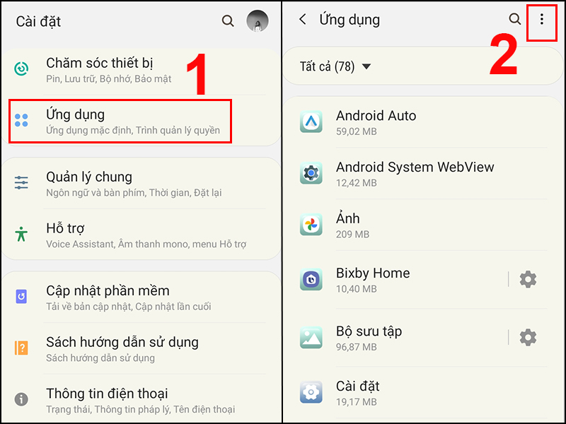Chọn Ứng dụng rồi chọn dấu 3 chấm